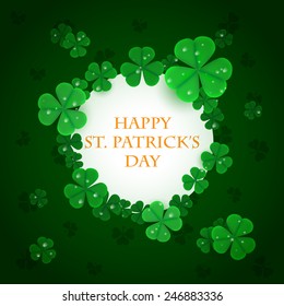 Green clovers Saint Patrick's Day white circle. Vector illustration. 