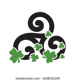 Green clovers and Triple Spiral, ancient Celtic symbol, vector