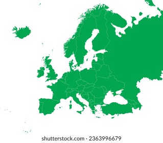 GREEN CMYK color detailed flat stencil map of the continent of EUROPE (with country borders) on transparent background