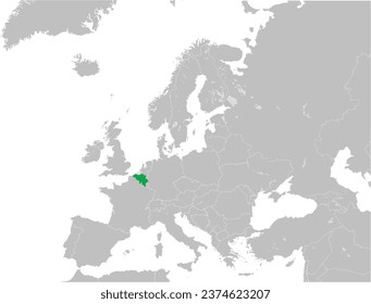Green CMYK national map of BELGIUM inside detailed gray blank political map of European continent with lakes on transparent background using Mercator projection
