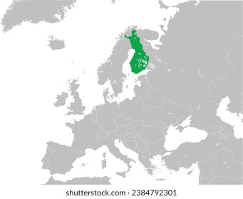 Green CMYK national map of FINLAND inside detailed gray blank political map of European continent with lakes on transparent background using Mercator projection