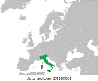 Green CMYK national map of ITALY inside detailed gray blank political map of European continent with lakes on transparent background using Mercator projection