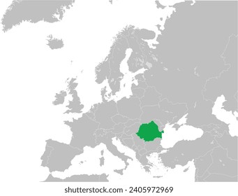 Green CMYK national map of ROMANIA inside detailed gray blank political map of European continent with lakes on transparent background using Mercator projection