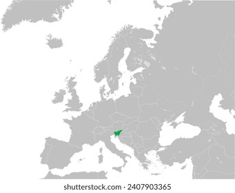 Green CMYK national map of SLOVENIA inside detailed gray blank political map of European continent with lakes on transparent background using Mercator projection