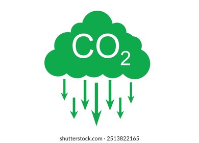 Icono verde de la nube del CO2 con las flechas hacia abajo que representan emisiones del dióxido de carbono en el fondo blanco. Concepto de lucha contra las emisiones a la atmósfera.