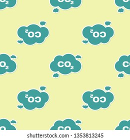 Green CO2 emissions in cloud icon isolated seamless pattern on yellow background. Carbon dioxide formula symbol, smog pollution concept, environment concept. Flat design. Vector Illustration