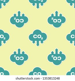 Green CO2 emissions in cloud icon isolated seamless pattern on yellow background. Carbon dioxide formula symbol, smog pollution concept, environment concept. Flat design. Vector Illustration