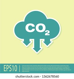 Green CO2 emissions in cloud icon isolated on yellow background. Carbon dioxide formula symbol, smog pollution concept, environment concept. Flat design. Vector Illustration