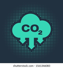 Green CO2 emissions in cloud icon isolated on blue background. Carbon dioxide formula symbol, smog pollution concept, environment concept. Abstract circle random dots. Vector Illustration