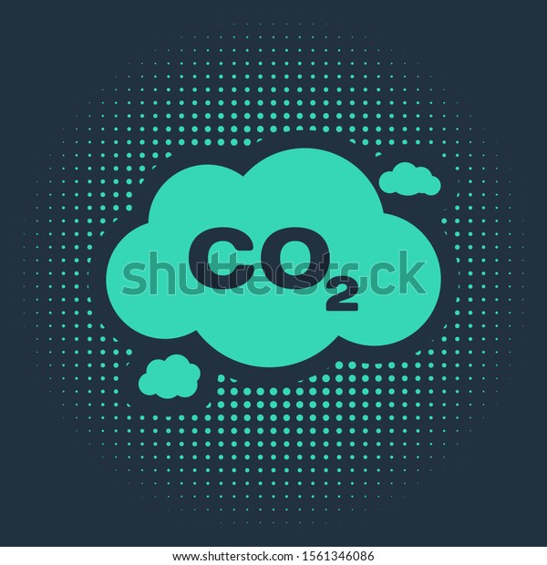 Green CO2 emissions in cloud icon isolated\
on blue background. Carbon dioxide formula symbol, smog pollution\
concept, environment concept. Abstract circle random dots. Vector\
Illustration
