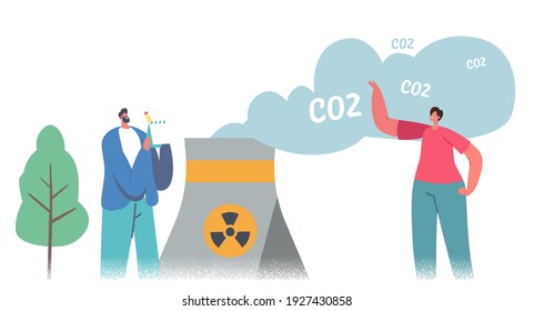 Green Co2 Taxes Concept. Male and Female Characters at Factory Pipe Emitting Toxic Smoke. Taxation for Nature Pollution, Ecology Protection Solution, Contamination. Cartoon People Vector Illustration