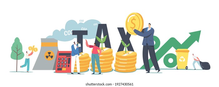 Green Co2 Taxes Concept. Tiny Male and Female Characters at Huge Coins Piles with Sprouts Growing and Factory Pipe Emitting Smoke. Taxation for Nature Pollution. Cartoon People Vector Illustration