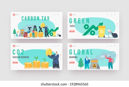 Green Co2 Taxes Landing Page Template Set. Tiny Characters at Huge Coins Piles with Sprouts Growing and Factory Pipe Emitting Smoke. Taxation for Nature Pollution. Cartoon People Vector Illustration