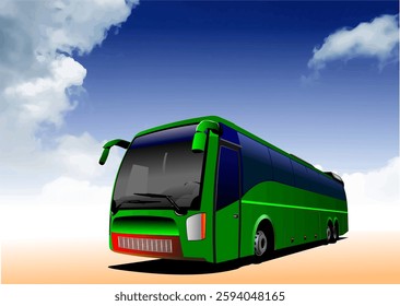 Green coach bus driving on a sunny day, offering comfortable and safe transportation for passengers on a journey. Hand drawn Illustration