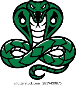 Green cobra illustration with intricate patterns, showcasing a fierce expression and poised stance