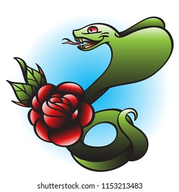 Green cobra and red flower illustration in old school style tattoos.