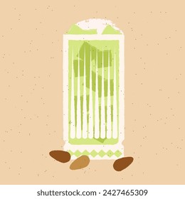 Green cocktail with almond milk with ice cubes. Smoothie in high glass. Milkshake. Alcohol drink for bar. Cold soft liquid in tall glass. Non-alcoholic beverage. Flat vector illustration with texture