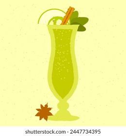 Green cocktail with apple, cinnamon, star anise in hurricane glass. Refreshing liquid for events. Aromatic tea. Alcohol drink for bar. Flat vector illustration with texture