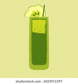 Green cocktail with apple and cream. Fruit smoothie. Alcohol drink for bar. Cold soft liquid in tall glass. High glass. Non-alcoholic beverage. Flat vector illustration with texture