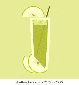 Green cocktail with apple. Fruit smoothie. Milk cocktail with apple. Alcohol drink for bar. Cold soft liquid in tall glass. High glass. Non-alcoholic beverage. Flat vector illustration with texture