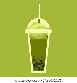 Green cocktail with balls. Bubble tea in plastic cup. Whipped food. Alcohol drink for bar. Soft liquid in disposable glass. Non-alcoholic beverage. Flat vector illustration with texture