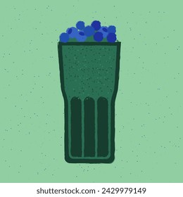 Cóctel verde con arándanos. Bebida batida en vaso de béisbol. Bebida alcohólica para el bar. Líquido suave frío en vidrio alto. Bebida sin alcohol. Ilustración vectorial plana con textura