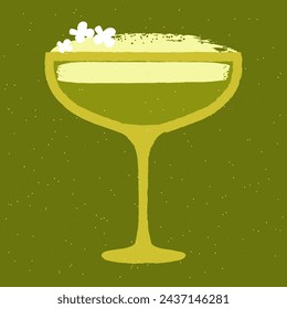 Green cocktail with chamomile. Creamy smoothie with flowers. Milkshake. Green liquid in margarita glass. Alcohol drink for bar. Non-alcoholic beverage. Flat vector illustration with texture