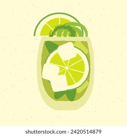 Green cocktail with citrus lime, zest, hot pepper. Spicy tequila. Alcohol drink for bar. Cold soft liquid with ice cubes. Tumbler glass. Non-alcoholic beverage. Flat vector illustration with texture