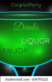 Green cocktail in coupe glass close up.Neon cocktail with light glowing on black background.