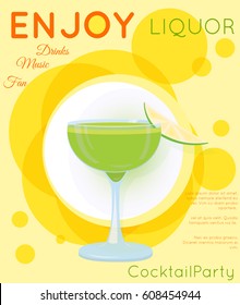 Green cocktail in coupe glass with slice of lime on yellow circles.Cocktail illustration on bright contemporary flat background. Design for cocktail menu. Template for cocktail party.