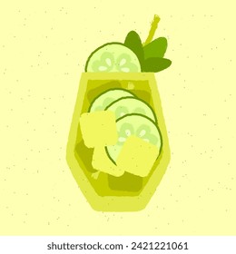 Green cocktail with cucumber slices and mint. Detox drink. Alcohol drink for bar. Cold soft liquid with ice cubes. Tumbler glass. Non-alcoholic beverage. Flat vector illustration with texture