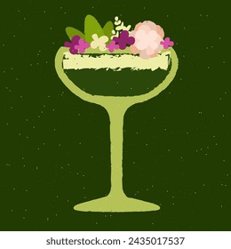 Green cocktail with flowers, leaves and cream. Fresh in margarita glass. Smoothie. Liquid for the event. Alcohol drink for bar. Non-alcoholic beverage. Flat vector illustration with texture