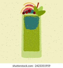 Green cocktail with grapefruit, berries and leaves. Fruit smoothie. Alcohol drink for bar. Cold soft liquid in tall glass. High glass. Non-alcoholic beverage. Flat vector illustration with texture