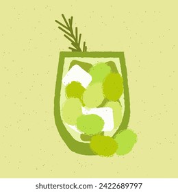 Green cocktail with grapes and greens. Soft alcohol liquid for event and party. Cold wine with ice cubes and rosemary. Tumbler glass. Non-alcoholic beverage. Flat vector illustration with texture