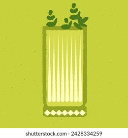 Green cocktail with greens. Smoothie in high glass. Fresh greens. Detox drink. Alcohol drink for bar. Cold soft liquid in tall glass. Non-alcoholic beverage. Flat vector illustration with texture