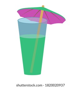 Green cocktail with hawaiian umbrella isolated on white. Drink in a glass. The umbrella is green above and violet below. Vector EPS10.