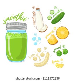 Green cocktail for healthy life. Smoothies with pineapple, coconut milk, banana, cucumber and spinach. Recipe vegetarian organic smoothie in jar. Template recipe card with detox drink for diet Vector