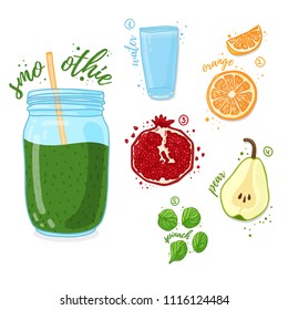 Green cocktail for healthy life. Smoothies with pear, pomegranate, orange and spinach. Recipe vegetarian organic smoothie in a glass jar. Template recipe card with detox drink for diet. Vector