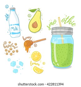 Green cocktail for healthy life. Smoothies with avocado, cow milk, honey and hazelnut. Recipe fruit smoothie in a glass jar. Vector.