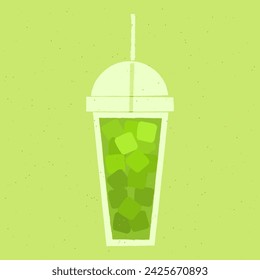 Green cocktail with ice cubes. Bright cold soda in plastic cup. Detox drink. Alcohol drink for bar. Soft liquid in disposable glass. Non-alcoholic beverage. Flat vector illustration with texture