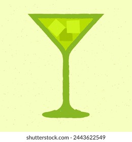 Green cocktail with ice cubes in a martini glass. Refreshing liquid for events. Tequila drink. Alcohol drink for bar. Flat vector illustration with texture