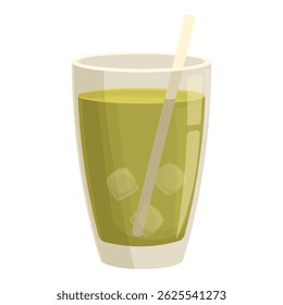 Green cocktail with ice cubes and straw is standing on white background