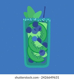 Green cocktail with kiwi, blueberries, mint and ice cubes. Fruit gin tonic. Alcohol drink for bar. Cold soft liquid in tall glass. High glass. Mocktail beverage. Flat vector illustration with texture