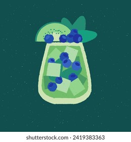 Green cocktail with kiwi, blueberry and mint. Fruity gin tonic. Alcohol drink for bar. Cold soft liquid with ice cubes. Tumbler glass. Non-alcoholic beverage. Flat vector illustration with texture