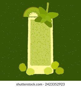 Green cocktail with kiwi, grapes and mint. Fruity smoothie for health. Alcohol drink for bar. Cold soft liquid in tall glass. High glass. Non-alcoholic beverage. Flat vector illustration with texture