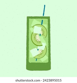 Green cocktail with kiwi and ice cubes. Fruity gin tonic. Alcohol drink for bar. Cold soft liquid in tall glass. High glass. Non-alcoholic beverage. Flat vector illustration with texture
