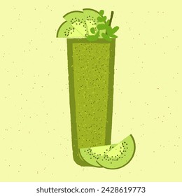 Green cocktail with kiwi and leaf. Fruit smoothie. Sage romance. Alcohol drink for bar. Cold soft liquid in tall glass. High glass. Non-alcoholic beverage. Flat vector illustration with texture