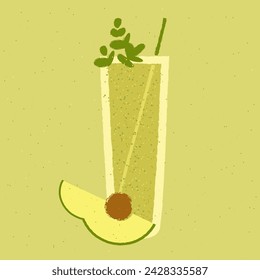 Green cocktail with green leaves, avocado. Smoothie in high glass. Mixed mocktail. Alcohol drink for bar. Cold soft liquid in tall glass. Non-alcoholic beverage. Flat vector illustration with texture