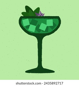 Green cocktail with leaves, flowers and ice cubes. Lavender fizzy drink in margarita glass. Refreshing liquid. Alcohol drink for bar. Flat vector illustration with texture