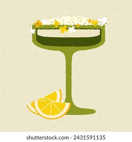 Green cocktail with lemon, cream and flowers. Milkshake. Margarita glass. Alcohol drink for bar. Stemware with green smoothie. Non-alcoholic beverage. Flat vector illustration with texture